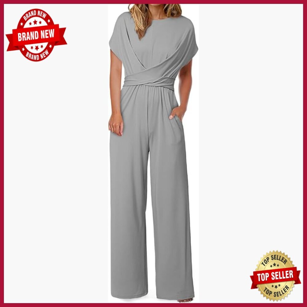 Short Sleeve Wide Leg Jumpsuit with Tie Waist and Pockets, Size X-Large